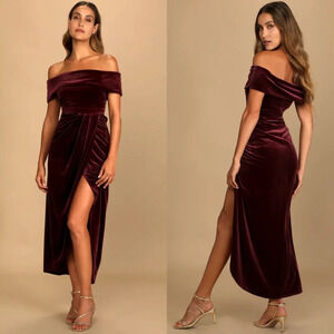 Lulus I'm Enchanted Burgundy Velvet Off-the-Shoulder Maxi Dress L Wedding Party